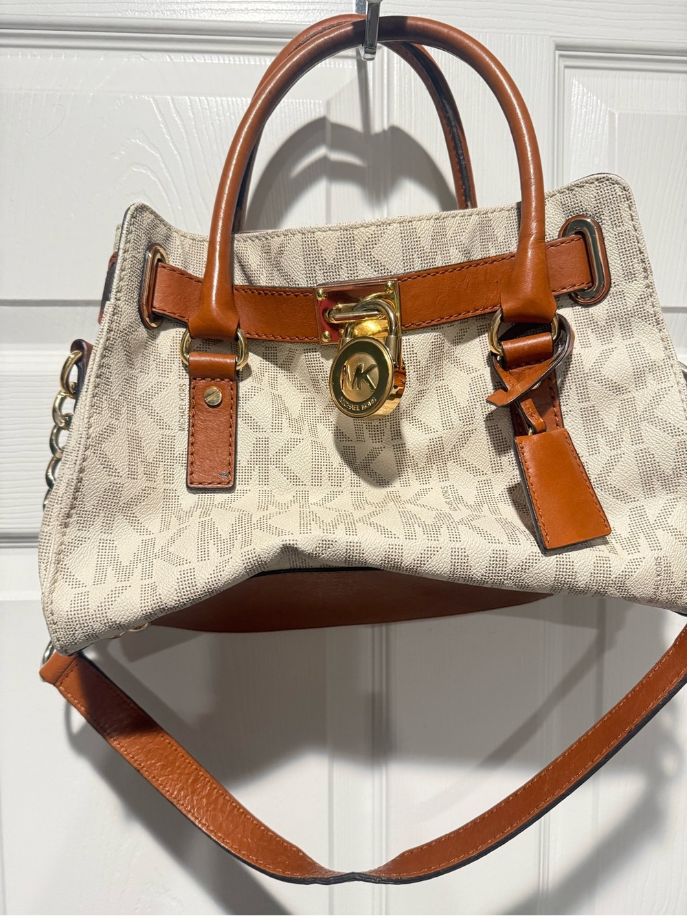 Michael Kors Cream and Tan Signature Satchel with Gold Hardware